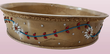 EXQUISITE HANDCRAFTED DECORATIVE METAL BOWL WITH INTRICATE FLORAL DESIGN AND BEADS/JALLEDA/HALDI FUNCTION ITEMS/MANGALA SNANAM ITEMS