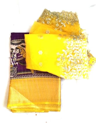 Yellow and Purple Saree with Blouse Piece and Net Dupatta Yellow and Purple Saree with Blouse Piece and Net Dupatta