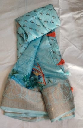Blue Linen Saree With Parrot Print and Golden Border Blue Linen Saree With Parrot Print and Golden Border