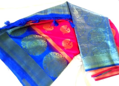 Pink &Blue &Peacock Color Butta Soft Silk Saree With Contrast Blouse Pink &Blue &Peacock Color Butta Soft Silk Saree With Contrast Blouse