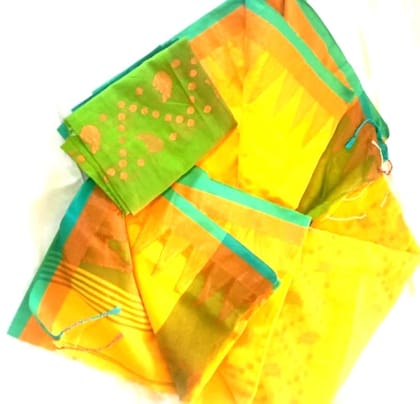 Yellow and Green Pure Handloom Cotton Saree With Blouse Piece Yellow and Green Pure Handloom Cotton Saree With Blouse Piece