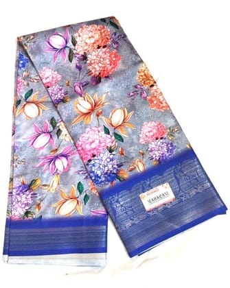 Grey Floral Saree With Blue Border Grey Floral Saree With Blue Border