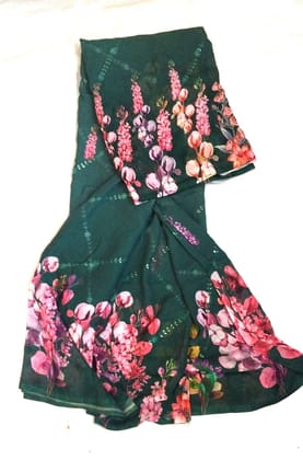Green Georgette Saree With Floral Print Green Georgette Saree With Floral Print