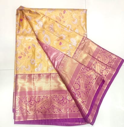 Yellow And Pink Floral Kanchi Pattu Saree With Blouse Yellow And Pink Floral Kanchi Pattu Saree With Blouse