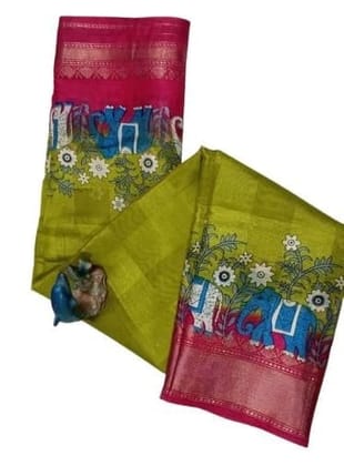 Green and Pink Floral Printed Saree with Elephant Motif