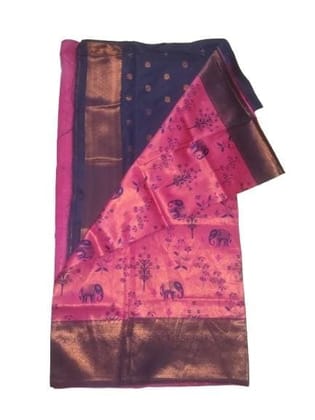 Pink and Blue Handloom Pure Mysore Silk Saree With Elephant Motif