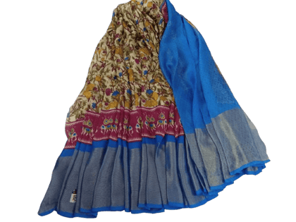 Blue and Cream Color Saree With Blouse Piece