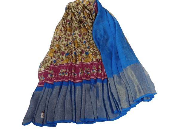 Blue and Cream Color Saree With Blouse Piece