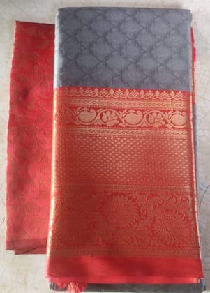 Red and grey silk saree with blouse piece