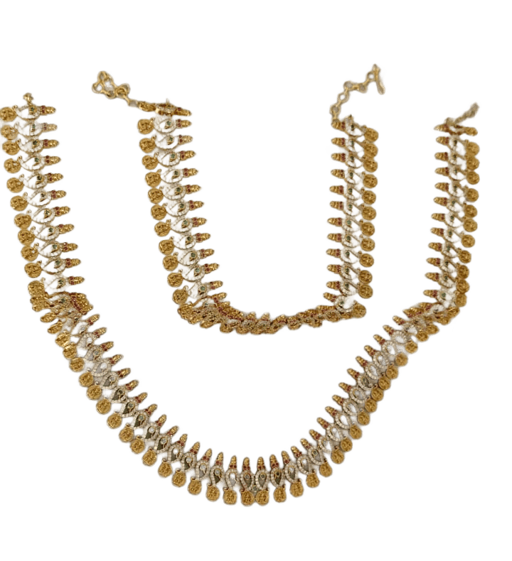 Traditional Indian Gold Plated Temple Jewellery Set with Pearls and Green Stones
