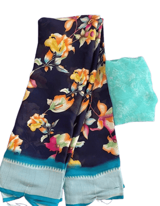 Georgette Saree With Floral Print and Blue Border Georgette Saree With Floral Print and Blue Border