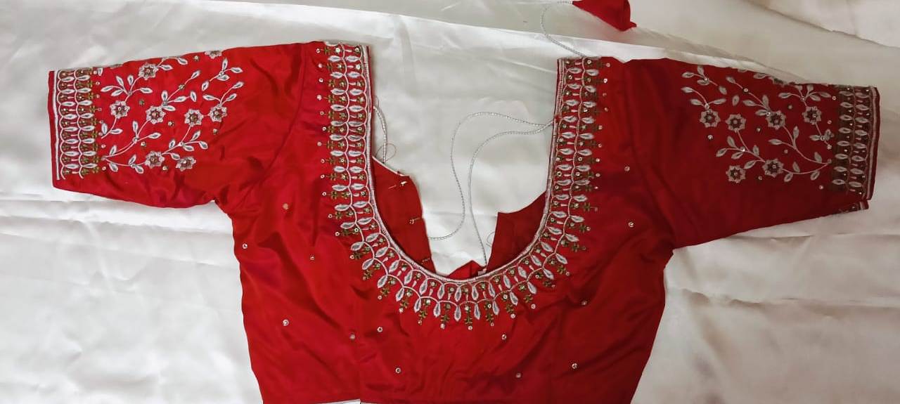 Red and silver embroidered boat neck blouse