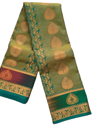 Green and gold zari woven Kanjivaram silk saree with contrast red and green border