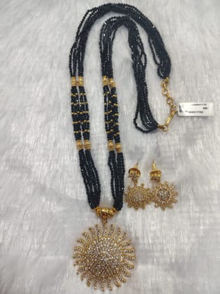 Black Beads Traditional Long Necklace Set with Golden Sun Pendant and Earrings for Women Black Beads Traditional Long Necklace Set with Golden Sun Pendant and Earrings for Women