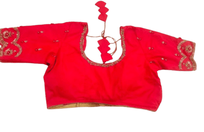 OM SAI SANTHI MAGGAM WORKS & TAILORINGS - Red Embroidered Blouse With Elbow Sleeves OM SAI SANTHI MAGGAM WORKS & TAILORINGS - Red Embroidered Blouse With Elbow Sleeves