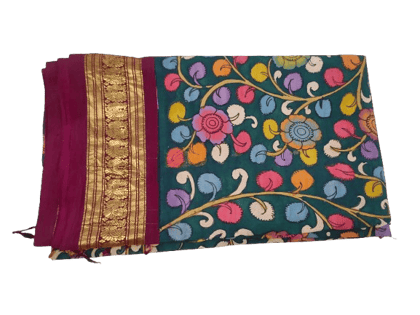 A beautiful and elegant  Pattu saree with intricate Kalamkari hand-painted floral motifs.