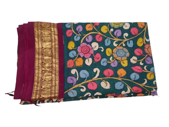 A beautiful and elegant  Pattu saree with intricate Kalamkari hand-painted floral motifs.