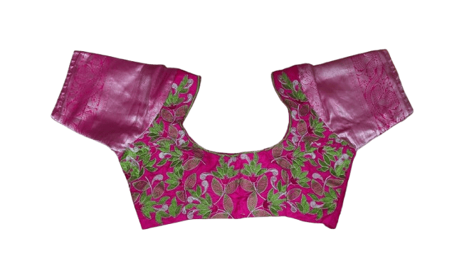 Pink Brocade Blouse With Floral Embroidery