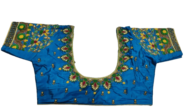 Blue Hand Embroidered Blouse With Floral Butta Work
