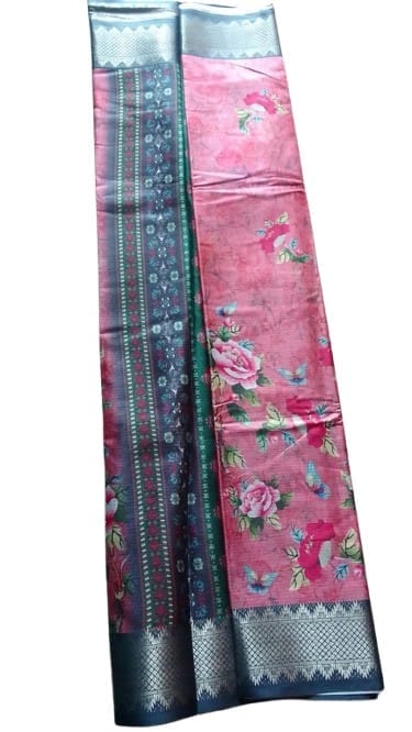 Pink floral printed cotton silk saree with black border
