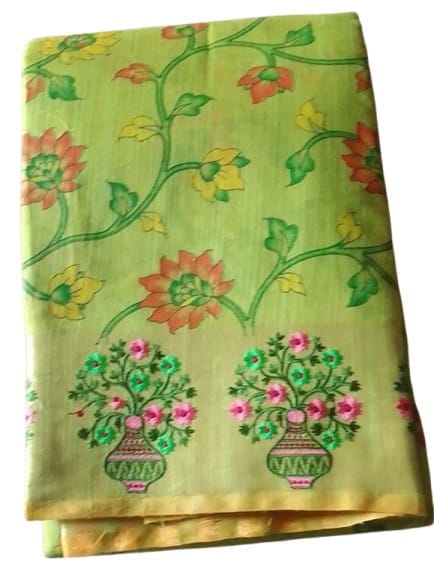 Green and Yellow Floral Saree with Gold Zari Border