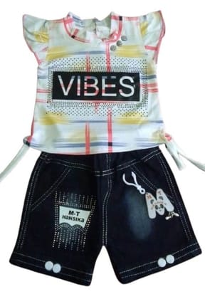 Baby Girls'  Top and Denim Shorts Set- White & Black