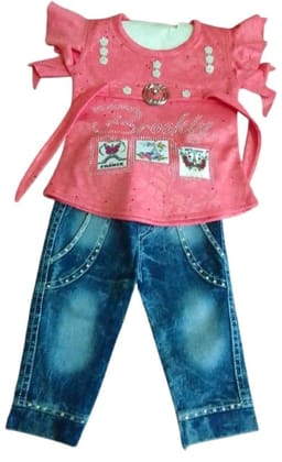 Baby Girl's Pink Top and Jeans Set with Rhinestone Accents