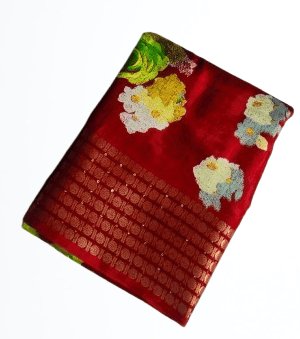 Red Floral Saree with Golden Border