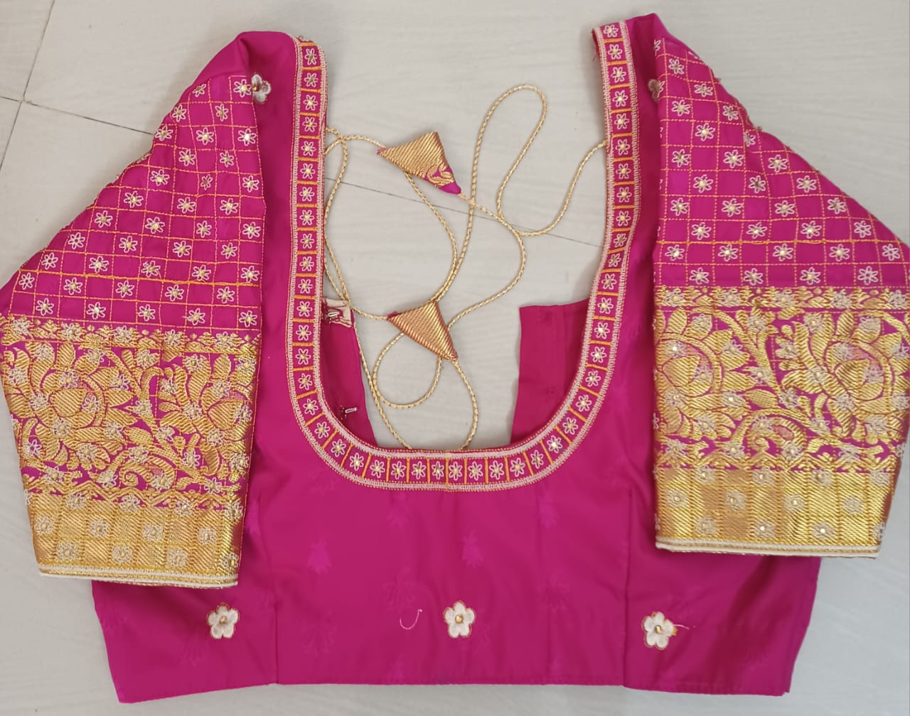 Pink Brocade Blouse With Floral Embroidery
