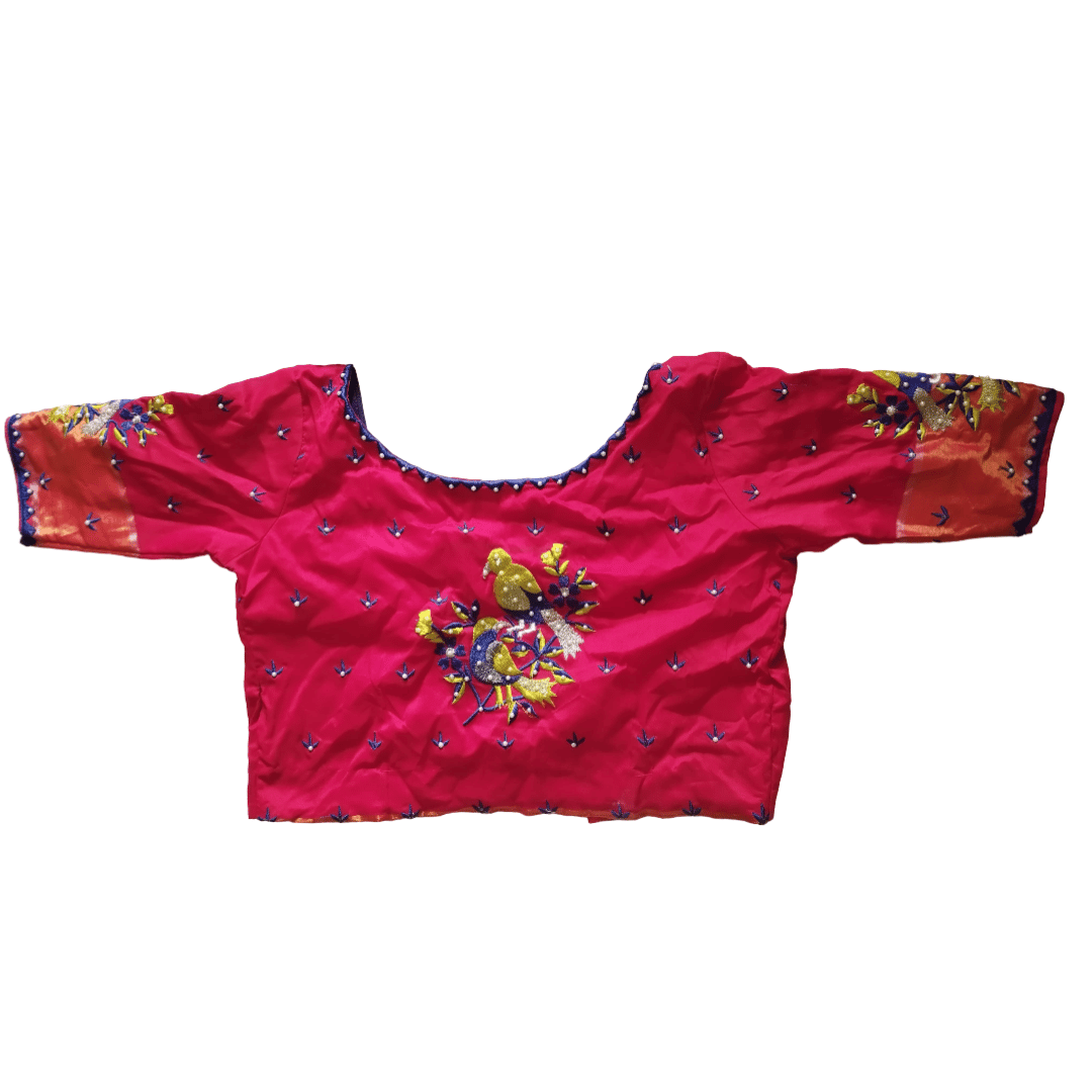 Pink Hand Embroidered Blouse With Parrot Motifs