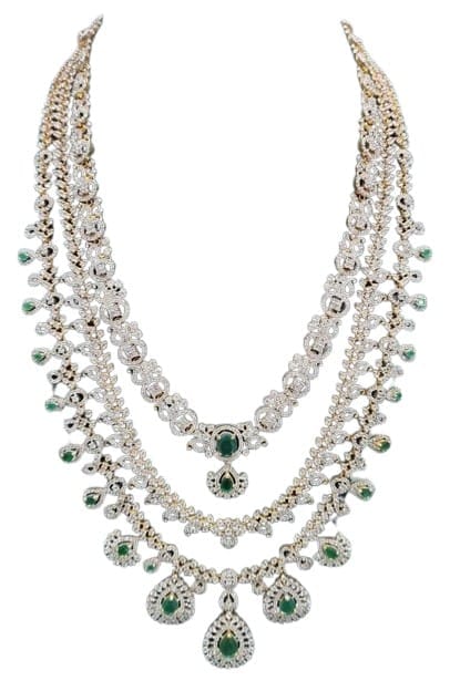 American Diamond And Emerald Three Layer Necklace Set In Gold