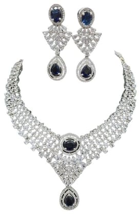 American Diamond Bridal Necklace Set with Earrings in Silver Finish