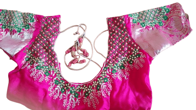 Pink Hand Embroidered Saree Blouse With Floral Motifs