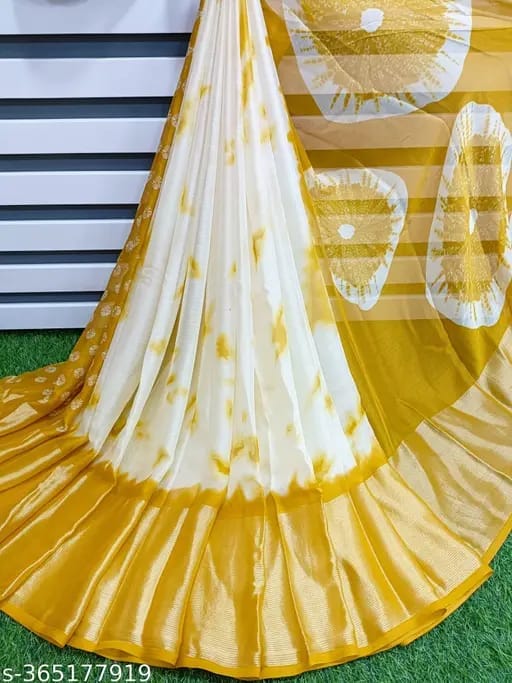 Golden Yellow & White Floral Jacquard Jaree Border Saree With Blouse