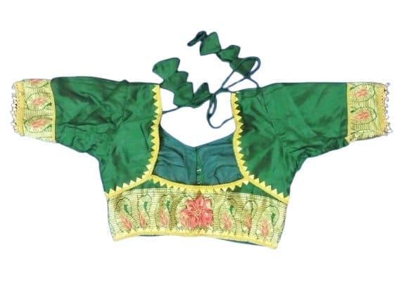 PARVATHI BEHERA WOMEN'S TAILORES-Green Readymade Saree Blouse With Golden Border-BRAC CUTTING BLOUSE