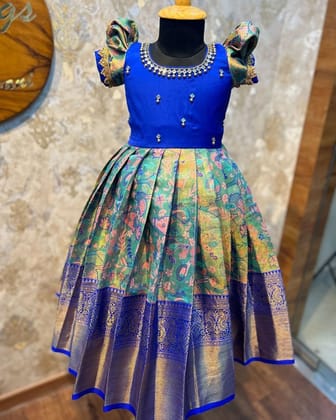 SRI DURGA EMBROIDING - Blue and gold traditional Indian silk pattu pavadai dhavani SRI DURGA EMBROIDING - Blue and gold traditional Indian silk pattu pavadai dhavani