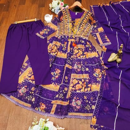 SRI DURGA EMBROIDING - Embroidered Floral Print Anarkali Kurta Palazzo Set With Dupatta SRI DURGA EMBROIDING - Embroidered Floral Print Anarkali Kurta Palazzo Set With Dupatta