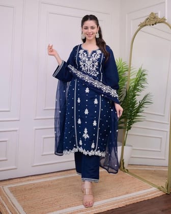 SRI DURGA EMBROIDING - Embroidered Straight Kurta with Palazzo Pants and Dupatta SRI DURGA EMBROIDING - Embroidered Straight Kurta with Palazzo Pants and Dupatta