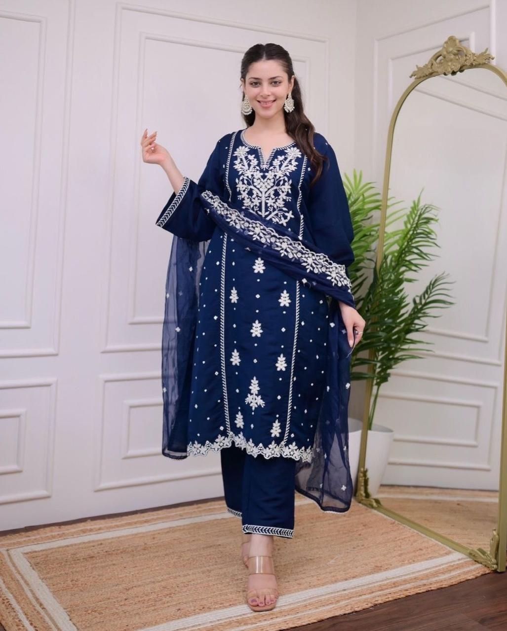 SRI DURGA EMBROIDING - Embroidered Straight Kurta with Palazzo Pants and Dupatta