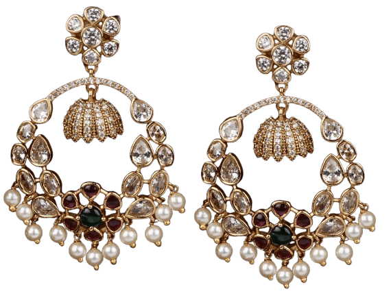 Stunning Kundan and Pearl Drop Earrings with Ruby and Emerald Accents