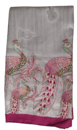 Graceful Grey Saree With Dancing Peacocks Graceful Grey Saree With Dancing Peacocks