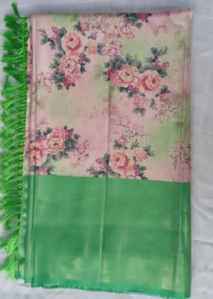 Green and Pink Floral Saree with Tassels Green and Pink Floral Saree with Tassels