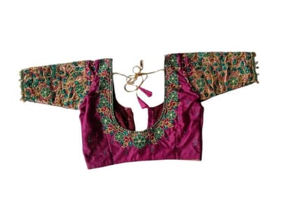 Embroidered magenta silk designer blouse with floral motifs Embroidered magenta silk designer blouse with floral motifs