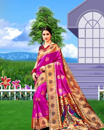 Women Floral Woven Art Silk Saree Pink Silk Saree with Golden Border and Peacock Motif Women Floral Woven Art Silk Saree Pink Silk Saree with Golden Border and Peacock Motif