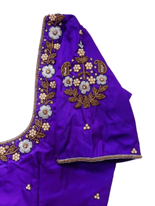 Women's Purple Silk Saree Blouse with Floral Embroidery and Pearl Detailing Women's Purple Silk Saree Blouse with Floral Embroidery and Pearl Detailing