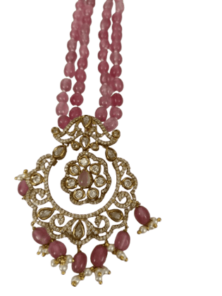 Pink Beaded Necklace with Gold and Diamond Pendant