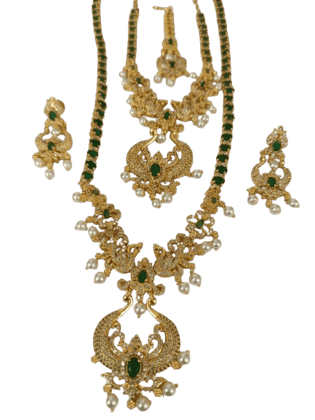 "Stunning Gold-Plated Peacock Haram Necklace Set with Green Stones and Pearls"