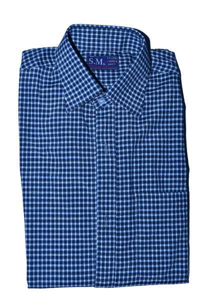Men's Blue and White Gingham Long Sleeve Shirt
