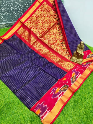 Blue and Red Checked Saree With Golden Zari Border