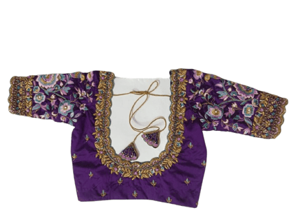 Purple Silk Saree Blouse With Floral Embroidery and Zari Border Purple Silk Saree Blouse With Floral Embroidery and Zari Border